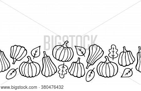 Halloween And Thanksgiving Horizontal Seamless Pattern. Black Doodle Outline Pumpkins And Leaves For