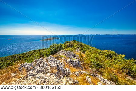 Panoramic View On Adriatic Coast From The Gaj Hill Over Primosten Town In Croatia, Europe.