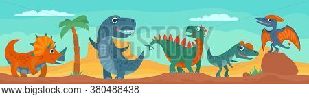 Dinosaurs, Mountains, Palm, Cactus And Sky With Clouds. Vector Colorful Flat Illustration On Panoram