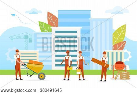 Construction Of Houses Vector Illustration. Workers Buildings New Houses In Modern City