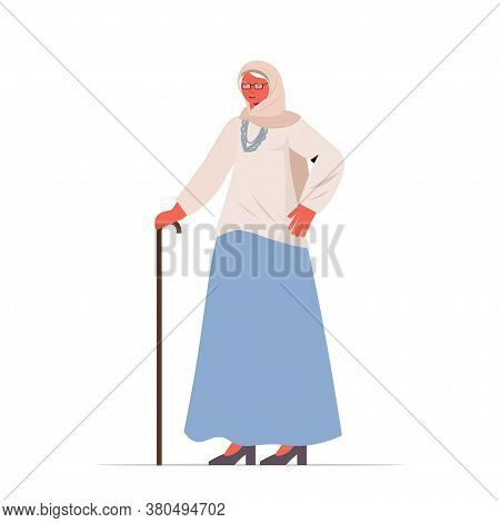 Old Woman In Casual Trendy Clothes With Cane Senior Female Cartoon Character Standing Pose Gray Hair