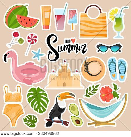 Set Of Decorative Elements On The Summer Theme. Bright Lettering Hello Summer. Isolated On Backgroun