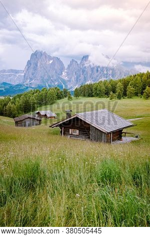 Alpe Di Siusi - Seiser Alm With Sassolungo - Langkofel Mountain Group In Background At Sunset. Yello