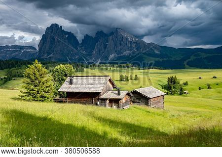 Alpe Di Siusi - Seiser Alm With Sassolungo - Langkofel Mountain Group In Background At Sunset. Yello