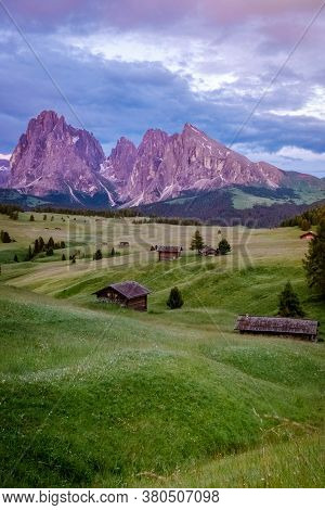 Alpe Di Siusi - Seiser Alm With Sassolungo - Langkofel Mountain Group In Background At Sunset. Yello