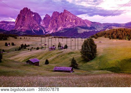 Alpe Di Siusi - Seiser Alm With Sassolungo - Langkofel Mountain Group In Background At Sunset. Yello