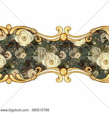 Golden Baroque Semless Border With Flowers And Leaves In Oil Painting Style