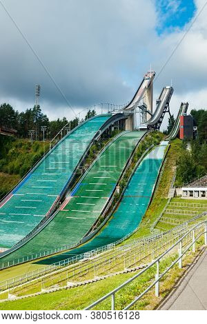 Lahti, Finland - 4 August 2020: Lahti Sports Centre With Three Ski Jump Towers