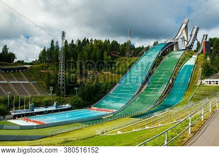 Lahti, Finland - 4 August 2020: Lahti Sports Centre With Three Ski Jump Towers