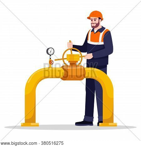 Pipeline Repair Semi Flat Rgb Color Vector Illustration. Gasman Working. Fuel Production And Transpo