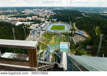 Lahti, Finland - 4 August 2020: View To Lahti City And Sports Centre From Ski Jump Tower Suurmaki
