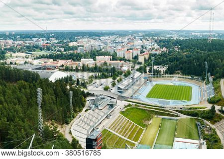 Lahti, Finland - 4 August 2020: View To Lahti City And Sports Centre From Ski Jump Tower Suurmaki