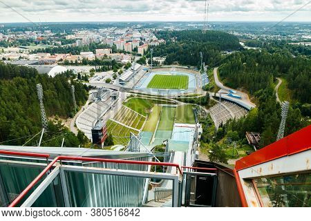 Lahti, Finland - 4 August 2020: View To Lahti City And Sports Centre From Ski Jump Tower Suurmaki