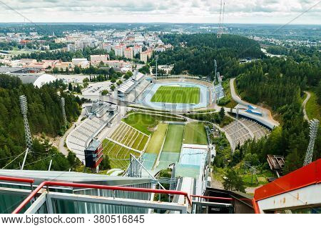 Lahti, Finland - 4 August 2020: View To Lahti City And Sports Centre From Ski Jump Tower Suurmaki