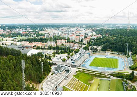 Lahti, Finland - 4 August 2020: View To Lahti City And Sports Centre From Ski Jump Tower Suurmaki