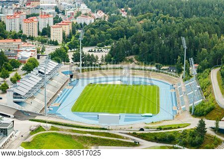 Lahti, Finland - 4 August 2020: View To Lahti City And Sports Centre From Ski Jump Tower Suurmaki