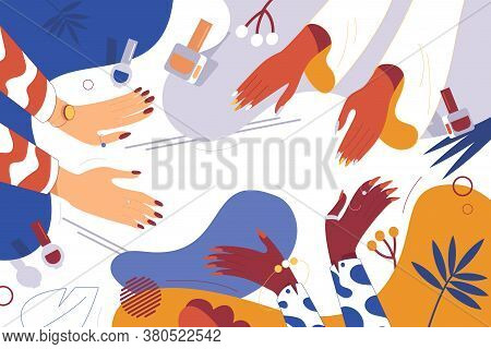 Hands Of Girls With Multi-colored Nails, Different Nationalities Concept Scene. Colors Vector Illust