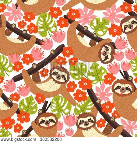 Seamless Background With Sloth On The Branch. Vector Illustration Of Leaves, Flowers And Cute Bear O