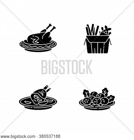 National Cookery Black Glyph Icons Set On White Space. Fast Food. Peking Duck. British Fish And Chip