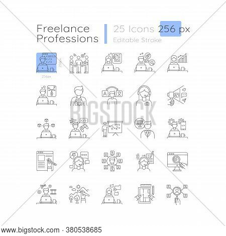 Freelance Professions Linear Icons Set. Branding And Hr Management, Data Entry Jobs. Customizable Th