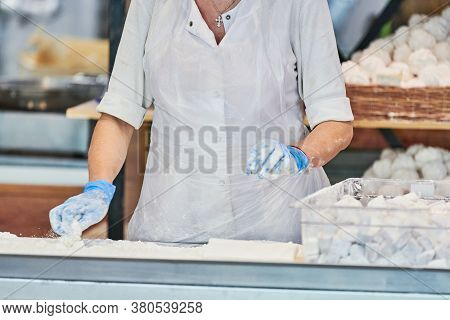 Confectioner Woman Makes Sweet Delicious. Pastry-cook Cooks Pastila And Sharbat - Tasty Sweetness. C