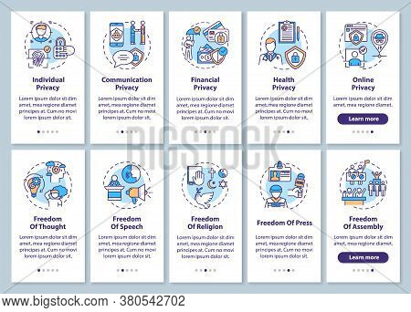 Human Freedoms And Privacy Onboarding Mobile App Page Screen With Concepts Set. Freedom Of Press. Wa