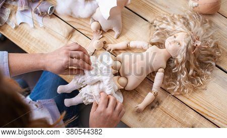 Workflow, Masters Of Making Handmade Dolls, Made By Hand From Textiles, In Retro Style. Designer Dol