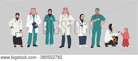 Medical Characters Portraits. Middle Eastern Medics. Arab Doctors And Nurses Portraits, Team Of Doct