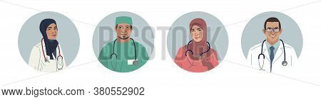 Medical Characters Portraits. Middle Eastern Medics. Arab Doctors And Nurses Portraits, Team Of Doct