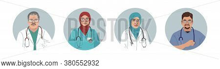 Medical Characters Portraits. Middle Eastern Medics. Arab Doctors And Nurses Portraits, Team Of Doct
