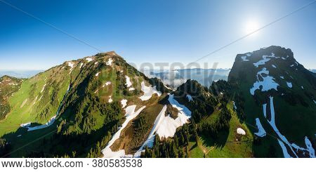 Aerial Panoramic View Of Cheam Mountain During A Sunny Summer Morning. Taken Near Chilliwack, East O