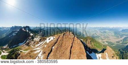 Aerial Panoramic View Of Cheam Mountain During A Sunny Summer Morning. Taken Near Chilliwack, East O
