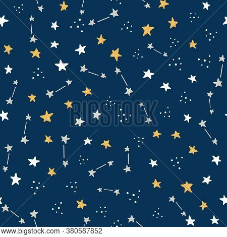 Space And Galaxy Hand Drawn Seamless Pattern With Star Element. Cosmos Pattern By Doodle Style. Vect