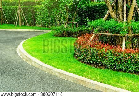 The Home Side Street In A Green Lawn, Front Yard For A Backdrop, View Of The Street In The House In 