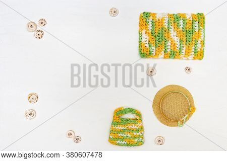 Summer Items - Sun Hat, Bag, Towel On White Background. Summer Concepts. Copy Space.