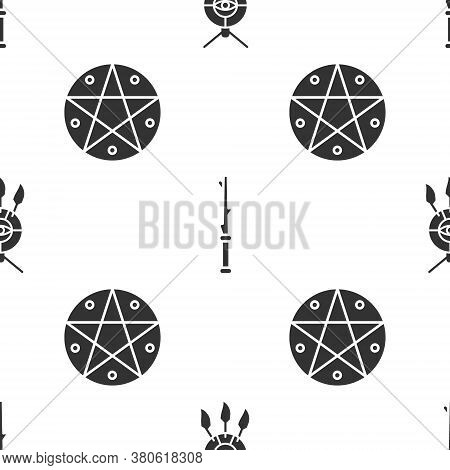 Set Dream Catcher With Feathers, Magic Wand And Pentagram In A Circle On Seamless Pattern. Vector