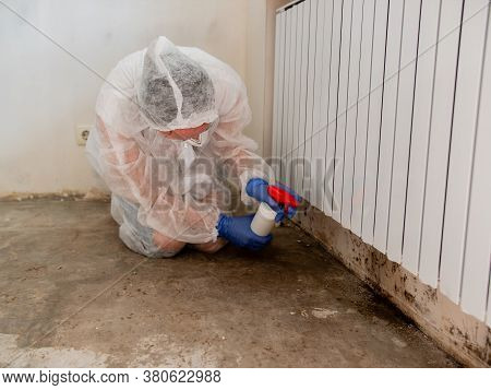 A Woman In A Protective Suit And A Respirator Sprays A Special Antifungal Spray On The Mold-infested