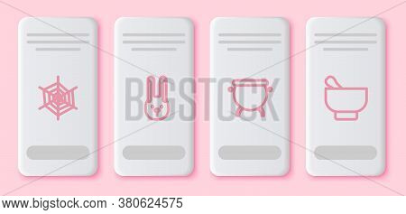 Set Line Spider Web, Rabbit With Ears, Witch Cauldron And Magic Mortar And Pestle. White Rectangle B