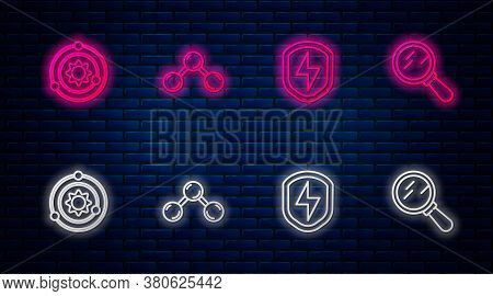 Set Line Molecule, Secure Shield With Lightning, Solar System And Magnifying Glass. Glowing Neon Ico