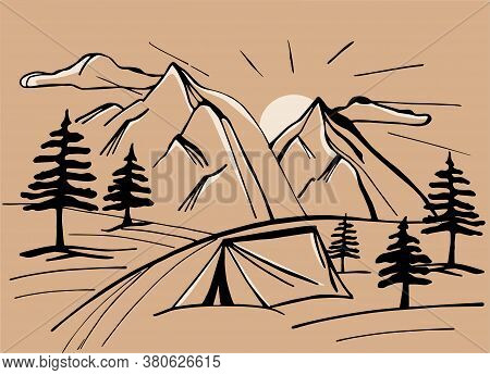 Vector Mountains With Fir Trees. Snow-covered Mountain Range.