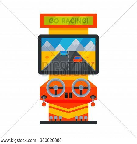 Retro Racing Car Arcade Game Machine With Steering Wheels, Video Gaming Machinery Vector Illustratio