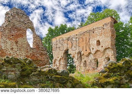 Ruins Of Medieval Castle In Viljandi, Estonia In Summer Sunny Day. Soft Focus.