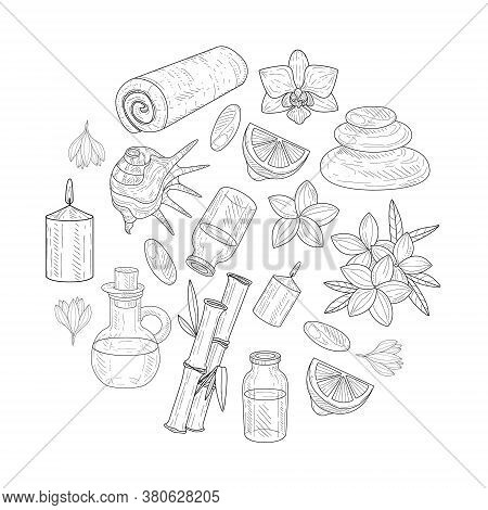 Spa And Beauty Banner Template, Organic Natural Cosmetics And Beauty Accessories Of Round Shape, Fly