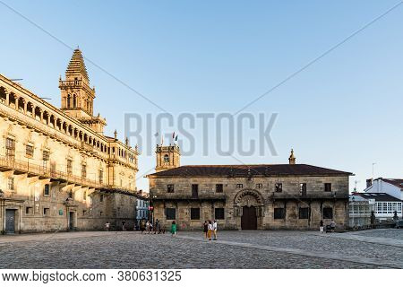 Santiago De Compostela, Spain - July 18, 2020: View Square Of Obradoiro