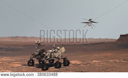Mars. Perseverance Rover And Ingenuity Helicopter Explore Mars Against The Backdrop Of A Real Martia