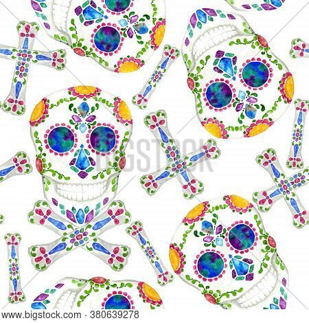 Skull Head With Jewelry Rood Seamless Repeat Pattern, Illustration Watercolor Painting On White Back