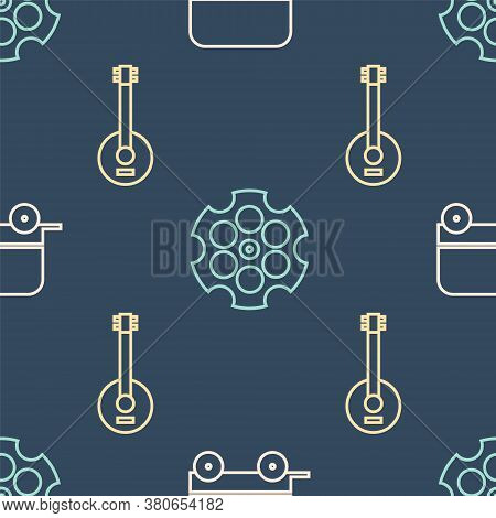 Set Line Wild West Covered Wagon, Banjo And Revolver Cylinder On Seamless Pattern. Vector