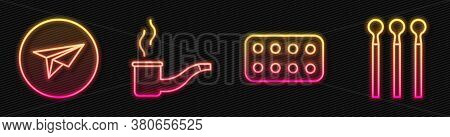 Set Line Pills In Blister Pack, Messenger, Smoking Pipe And Matches. Glowing Neon Icon. Vector