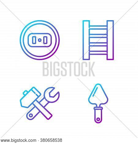 Set Line Trowel, Hammer And Wrench Spanner, Electrical Outlet And Wooden Staircase. Gradient Color I