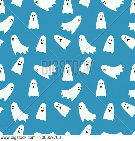 Halloween Seamless Pattern Ghosts On A Blue Background. Fanny Vector Illustration For Halloween Desi